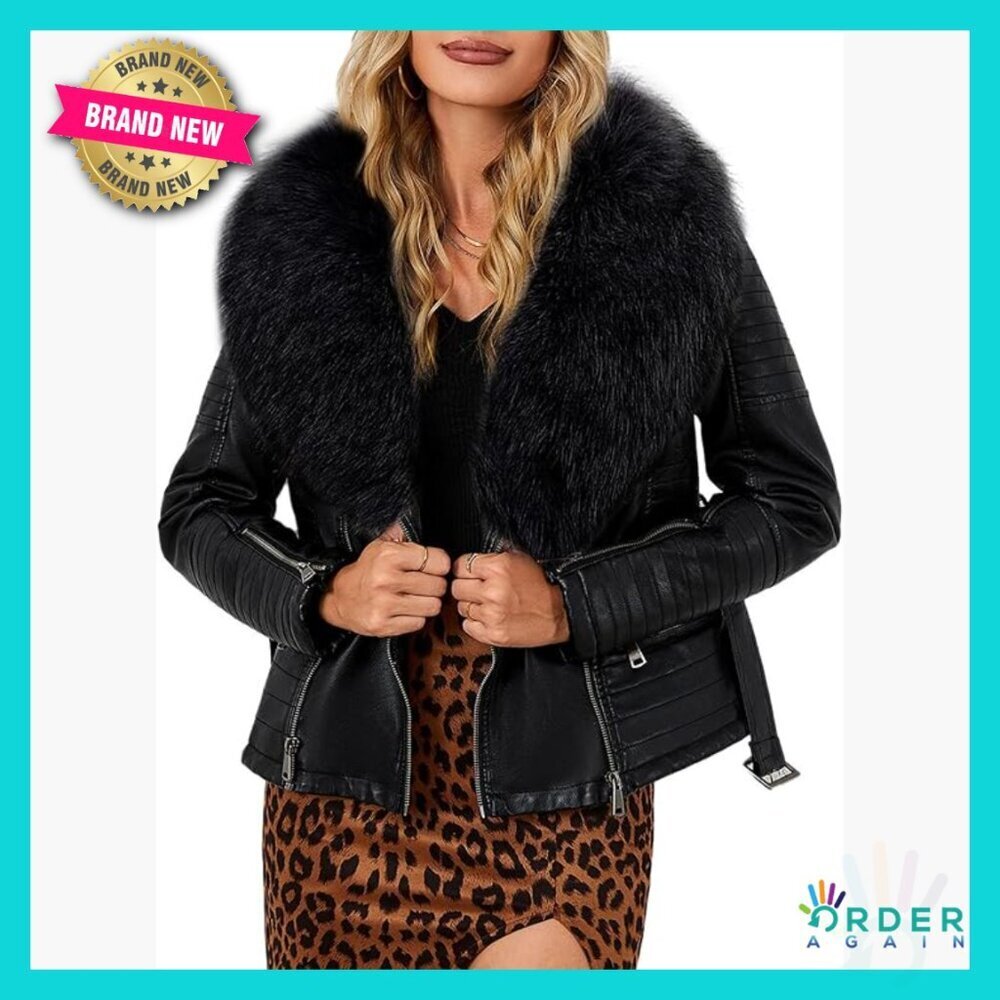Faux Leather Moto Jacket Sherpa Lined Removable Fur Collar Slim Fit Biker Coat